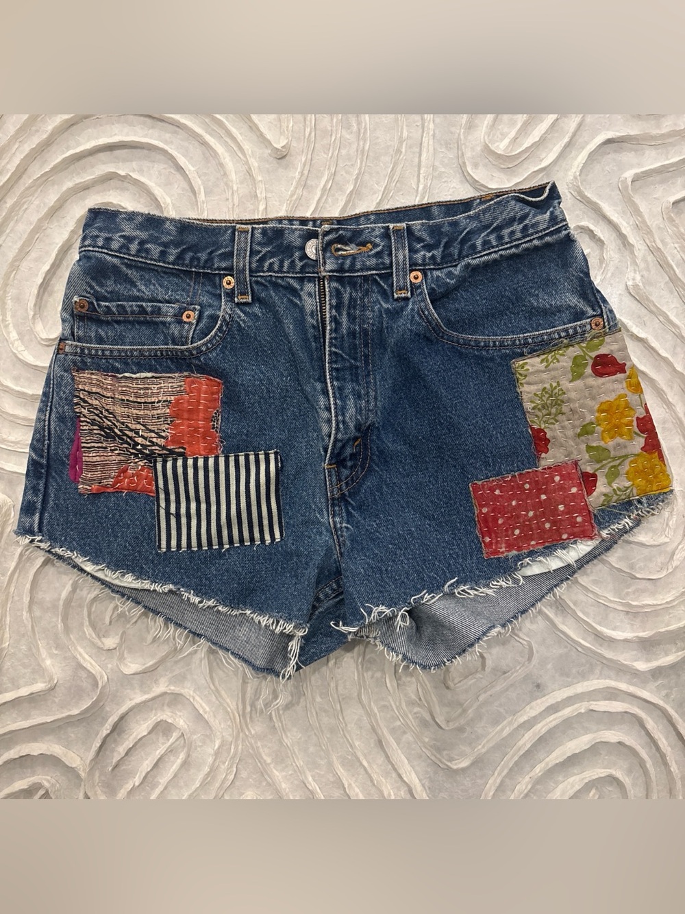 Levi's Blue Denim Patchwork Cutoff Shorts